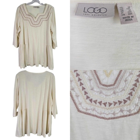 Logo Lori Goldstein Womens Tunic Shirt Plus Size 1X Cream LS Embroidered - Picture 1 of 12